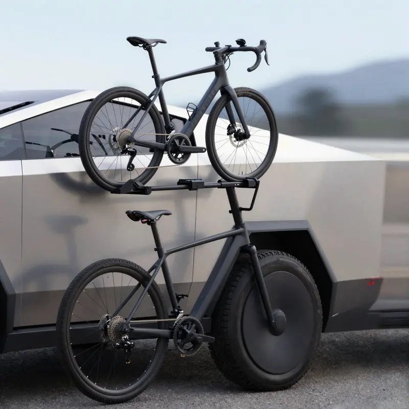 The Tesla Cybertruck features a cutting-edge bike rack, designed for both style and usability.