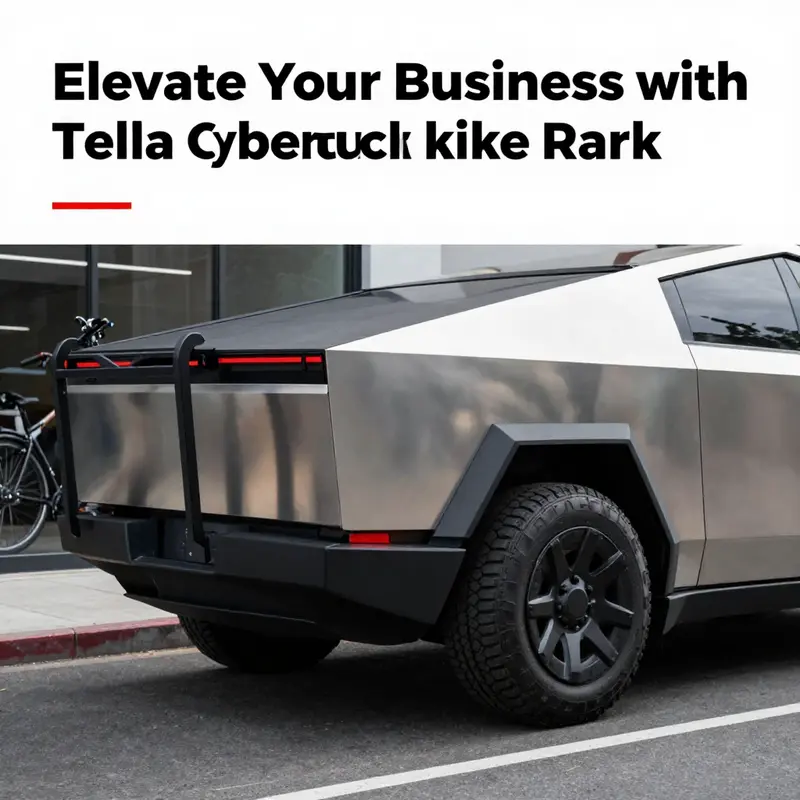 A Tesla Cybertruck demonstrating its bike rack functionality in a vibrant business setting.