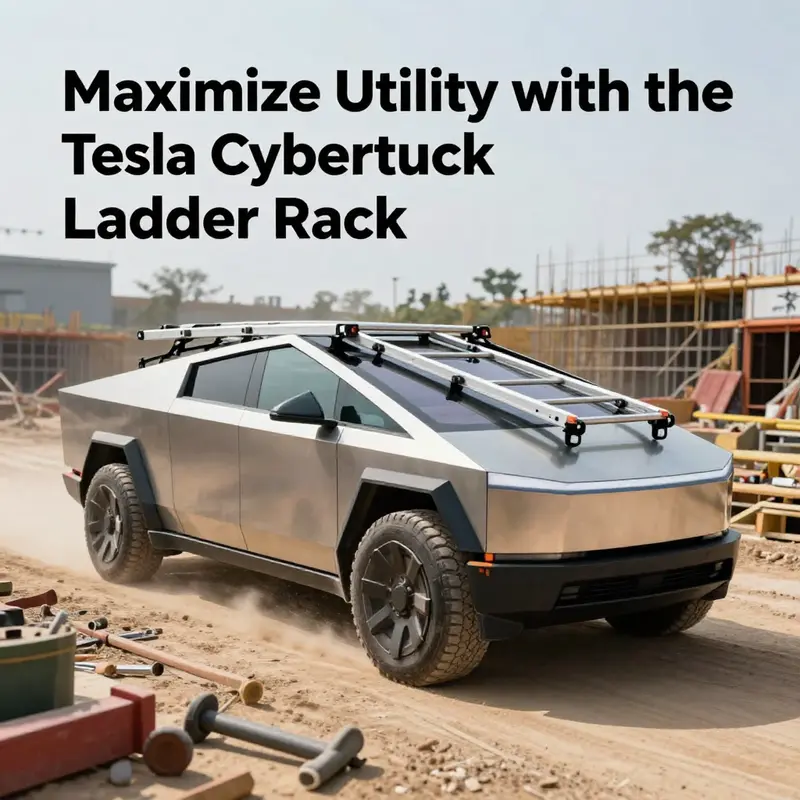 Tesla Cybertruck in a construction site setting, showcasing the ladder rack loaded with tools.