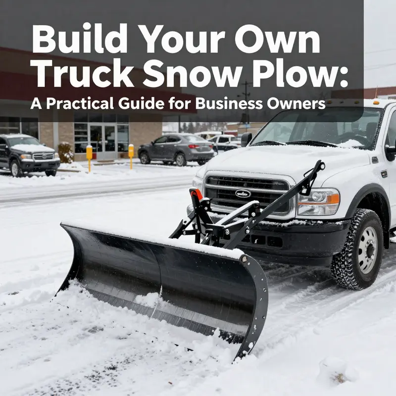 A truck with a DIY snow plow clearing a snowy business parking lot, emphasizing the tool's effectiveness.