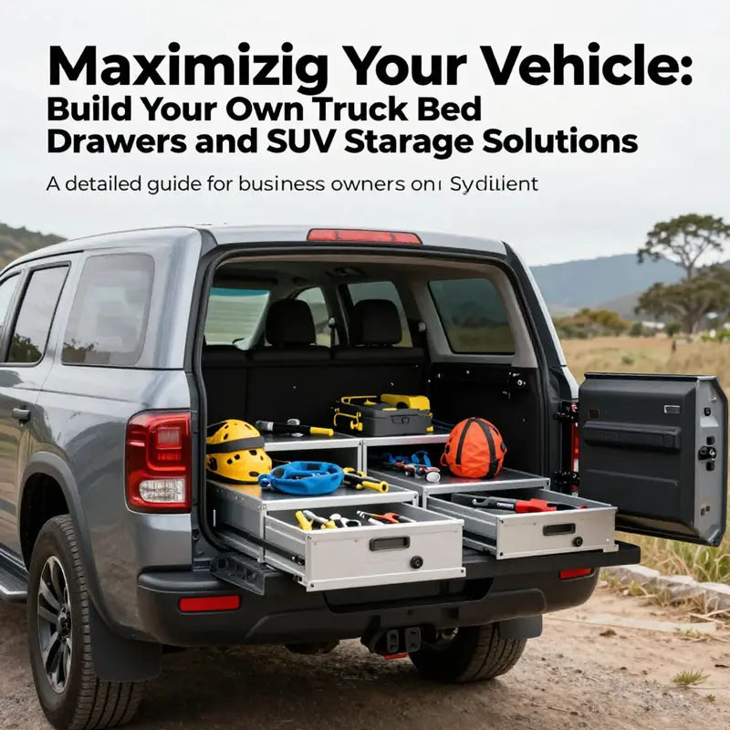 A truck parked outdoors with an open tailgate showing neatly arranged drawers filled with storage items.