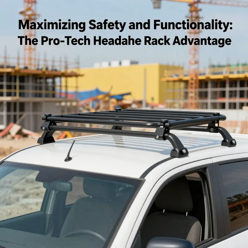 A truck equipped with a Pro-Tech headache rack in a construction setting.