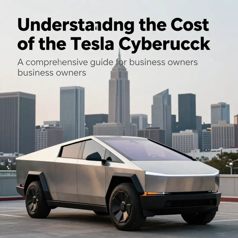 A Tesla Cybertruck in front of a city skyline, showcasing its modern design in a professional setting.