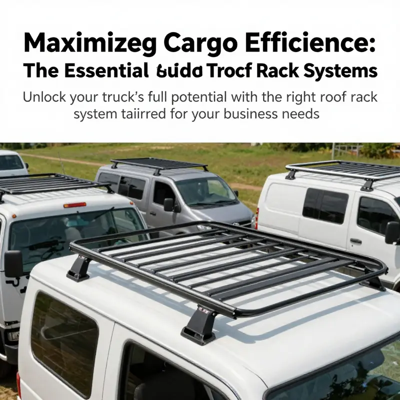 An outdoor scene showcasing multiple truck roof rack systems designed for various cargo types.