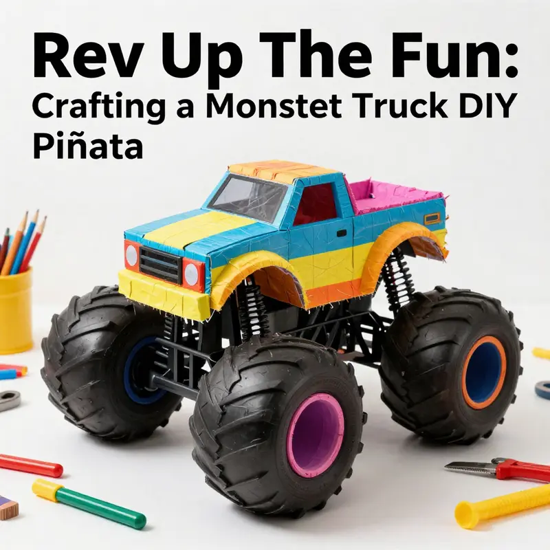 A vibrant and colorful depiction of a monster truck piñata creation process, featuring tools and crafting materials.