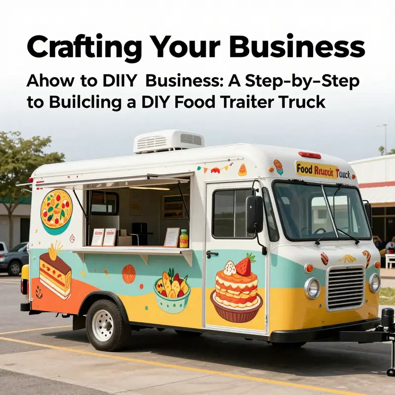 A design sketch illustrating the layout and features of a DIY food trailer truck.