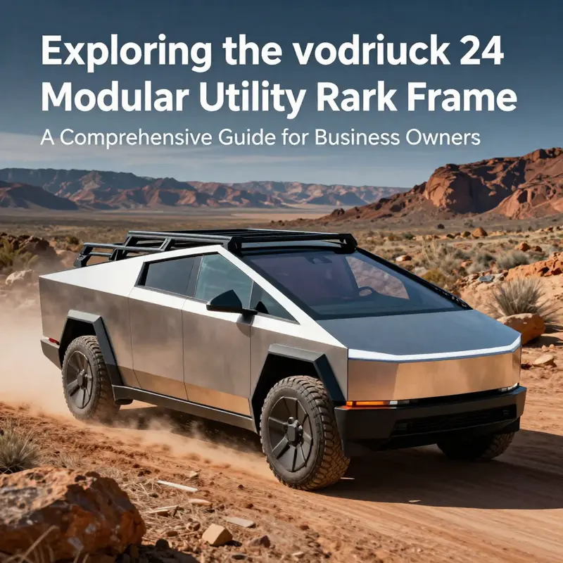 A Tesla Cybertruck traversing rugged terrain equipped with a modular roof rack frame for enhanced utility.