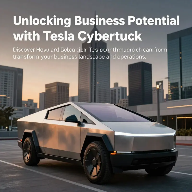A Tesla Cybertruck in a business district at sunset, showcasing innovative automotive design.