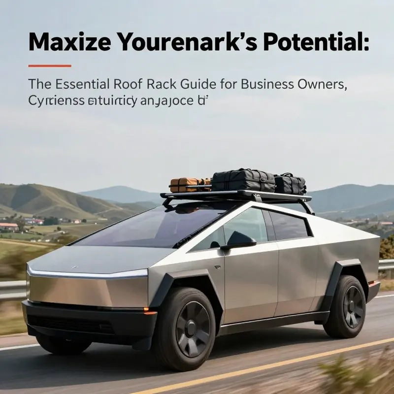 Tesla Cybertruck on a scenic drive with a robust roof rack carrying cargo, symbolizing enhanced utility and business capability.