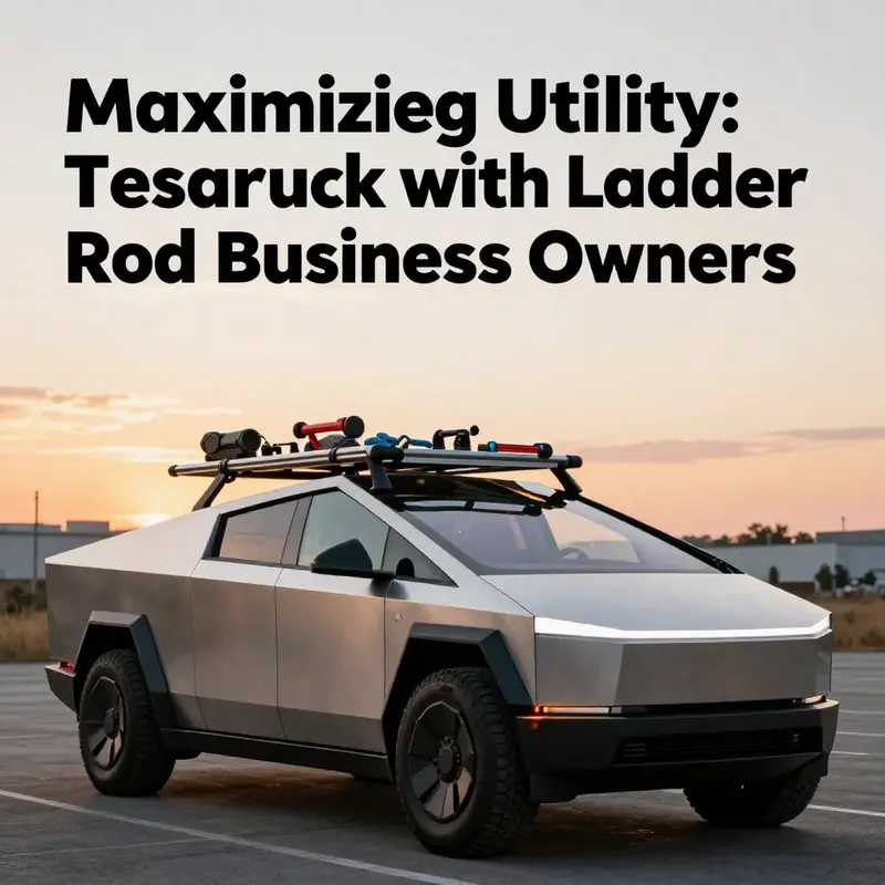 A Tesla Cybertruck with an installed ladder rack loaded with equipment at a work site during sunset.