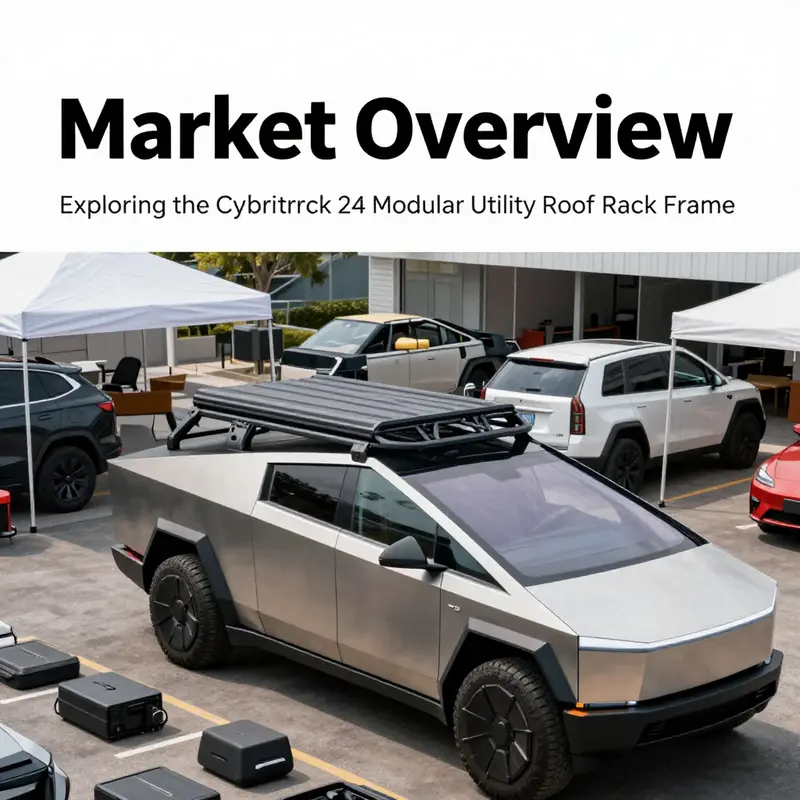 The Tesla Cybertruck fitted with the 24 modular utility roof rack frame, emphasizing its structural design.