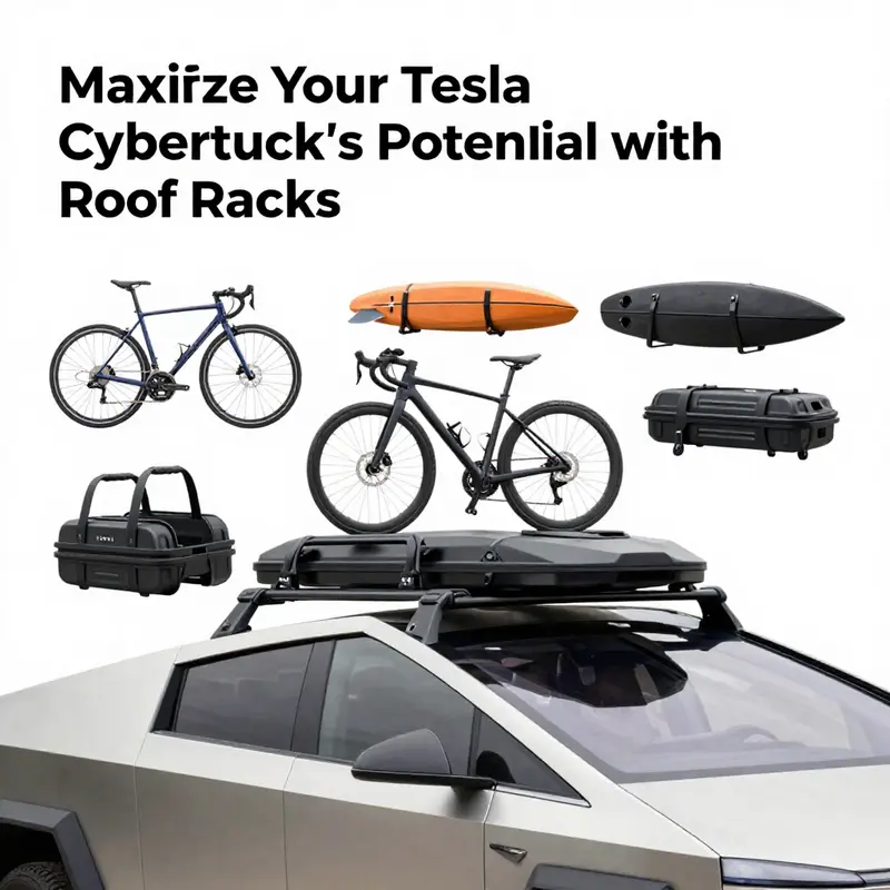 Different types of roof racks for the Tesla Cybertruck showcasing features and options.
