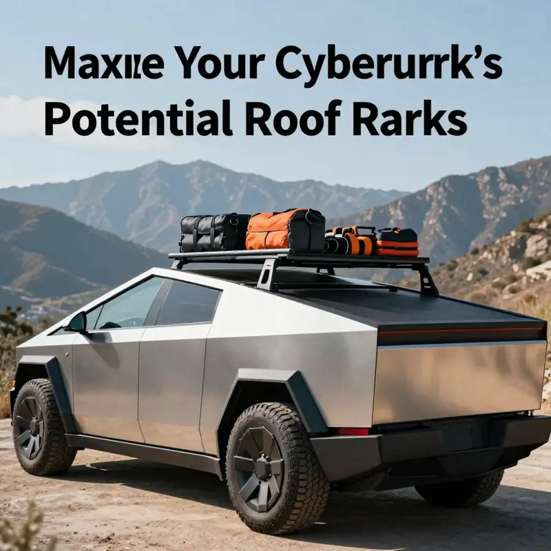 A Tesla Cybertruck fitted with a roof rack, loaded with equipment against a scenic mountain backdrop.