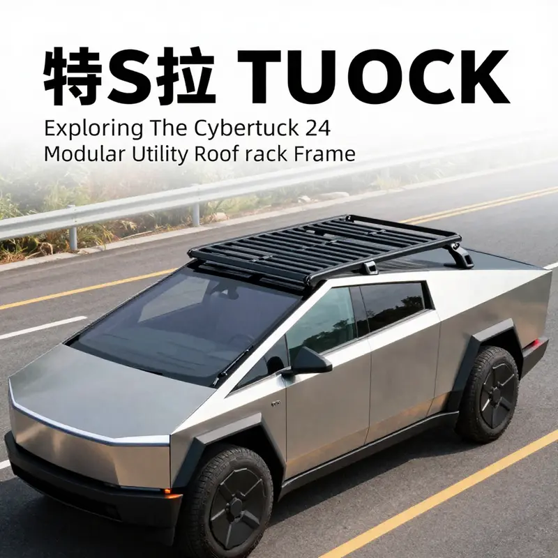 The Tesla Cybertruck fitted with the 24 modular utility roof rack frame, emphasizing its structural design.