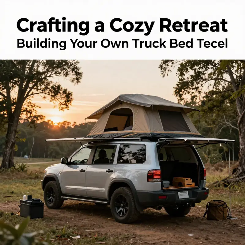 A DIY truck bed tent at a campsite, showcasing its practical use and inviting atmosphere.