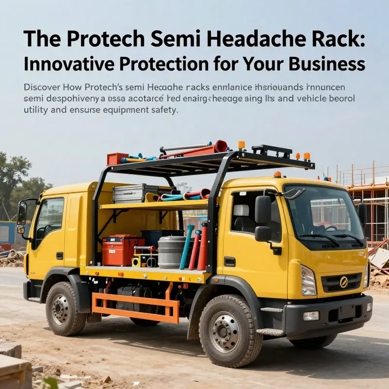 Work truck with Protech Semi Headache Rack in action at a construction site, showing tools and materials.