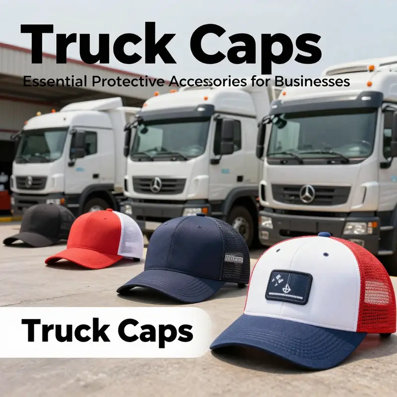 A collection of different trucks equipped with truck caps in a business environment, emphasizing their utility.