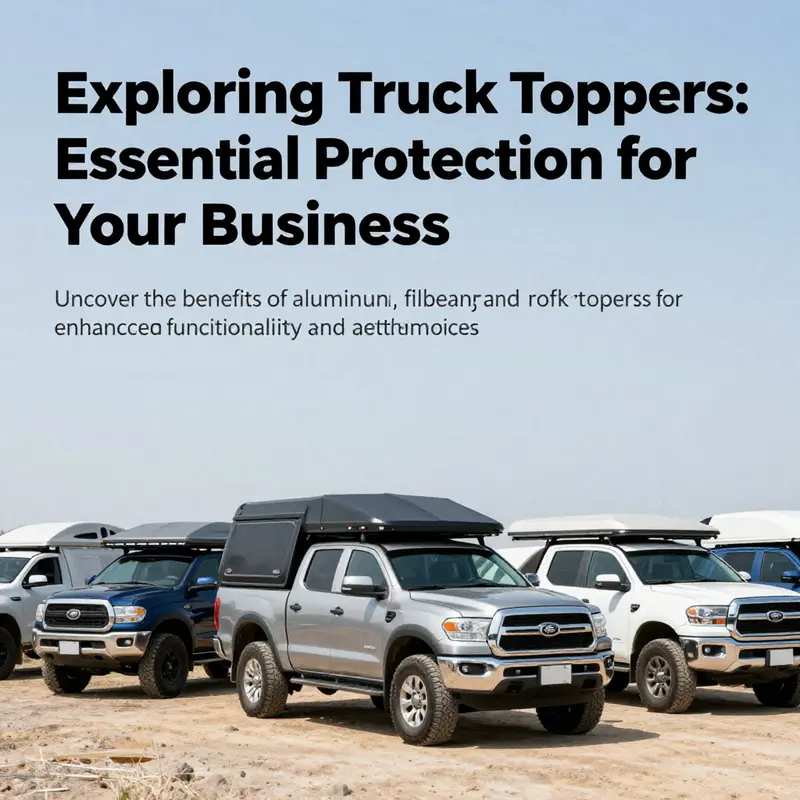 Various pickup trucks with truck toppers displayed under the sun, illustrating diversity in business vehicle protection.