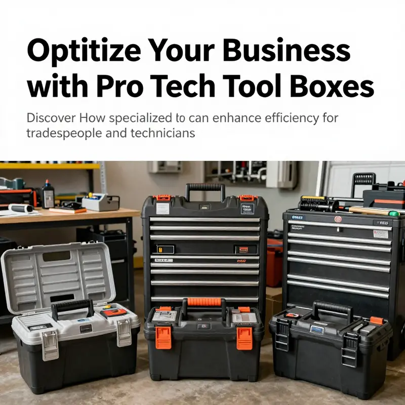 A diverse collection of pro tech tool boxes displayed in professional work environments, highlighting versatility and efficiency.