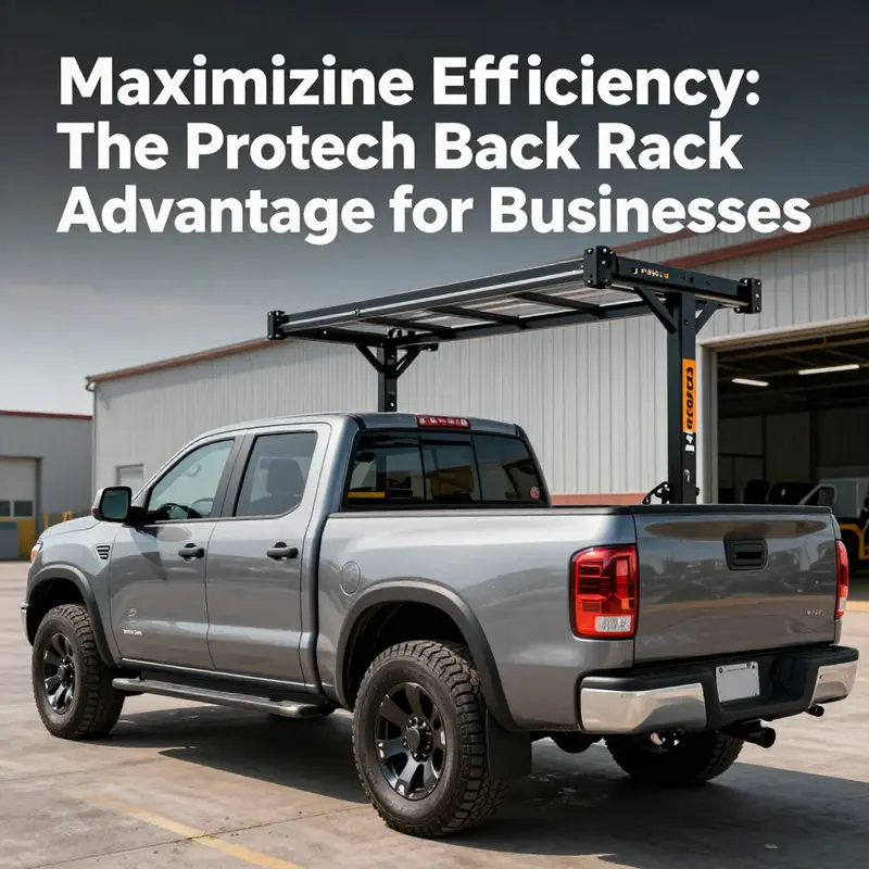 A Protech Back Rack installed on a pickup truck amidst an industrial background.