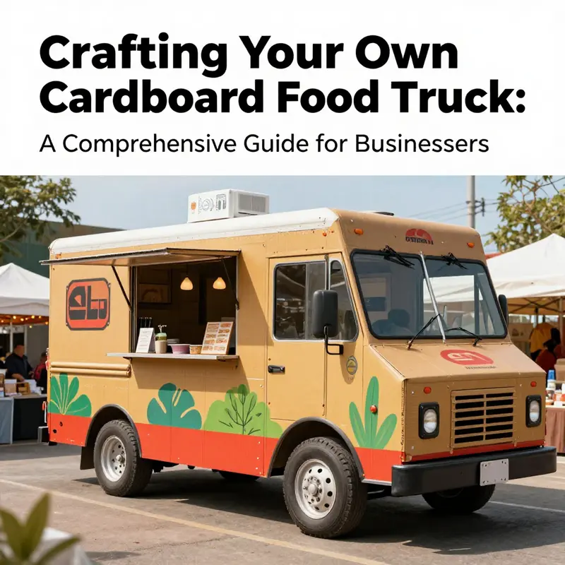 A completed cardboard food truck displayed at a market, highlighting creativity and craftsmanship.