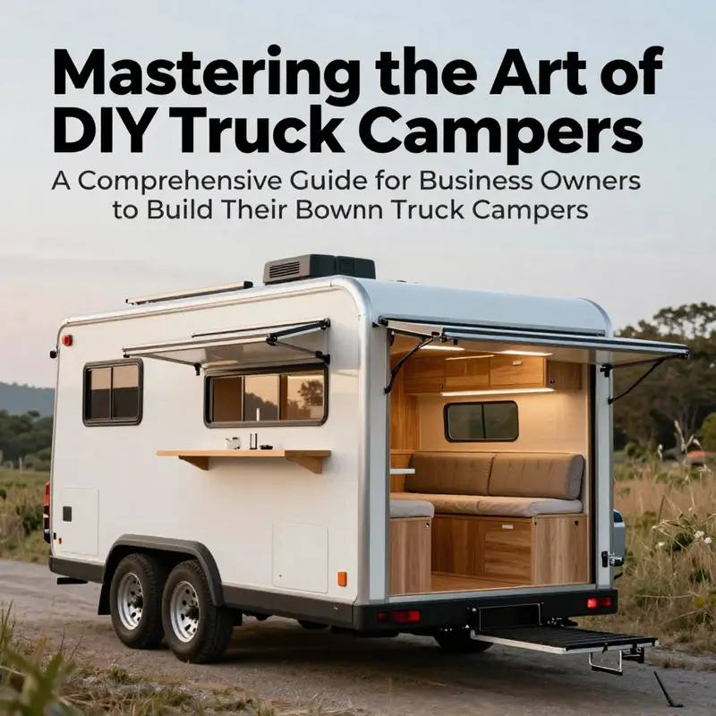 A completed DIY truck camper in an outdoor setting, highlighting its design and features.