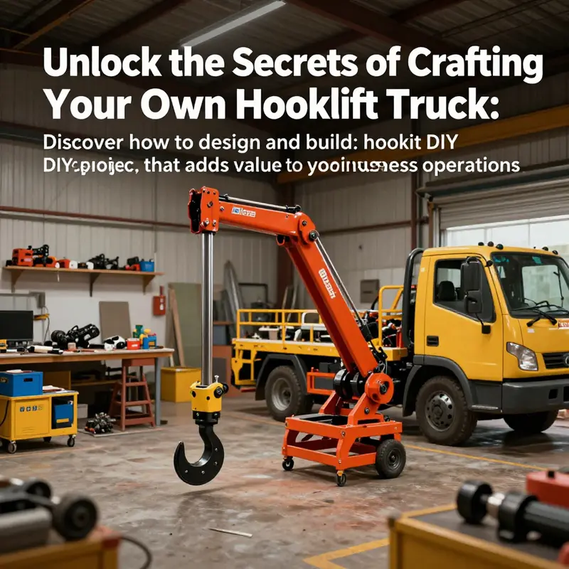 A workshop filled with hooklift truck models under construction, showcasing tools and materials used in the DIY project.