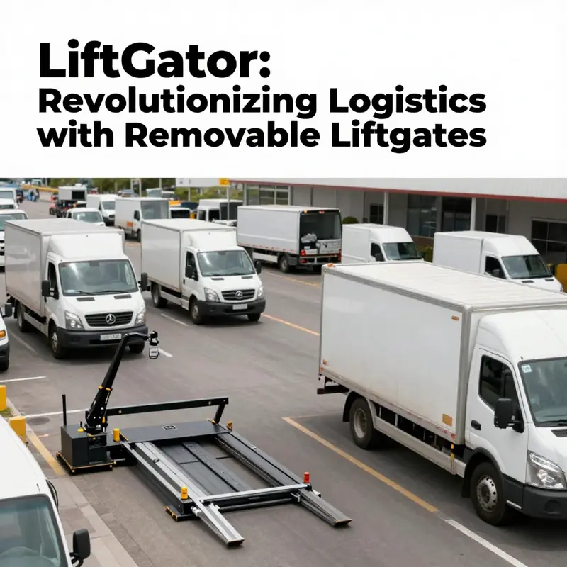 Multiple commercial vehicles equipped with LiftGator liftgates in a busy logistics hub.