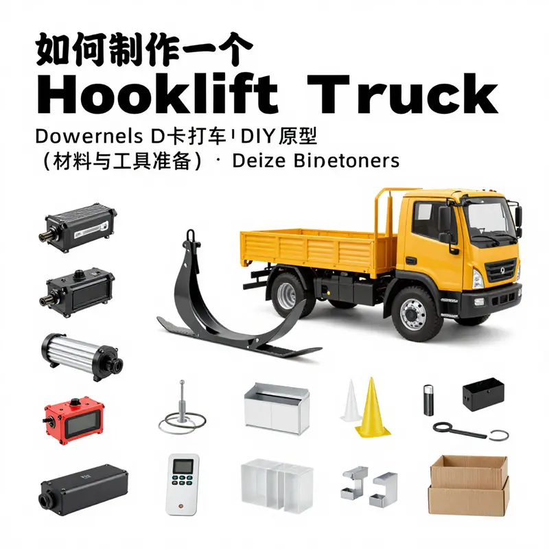 Essential materials and tools for crafting a powered hooklift truck prototype.