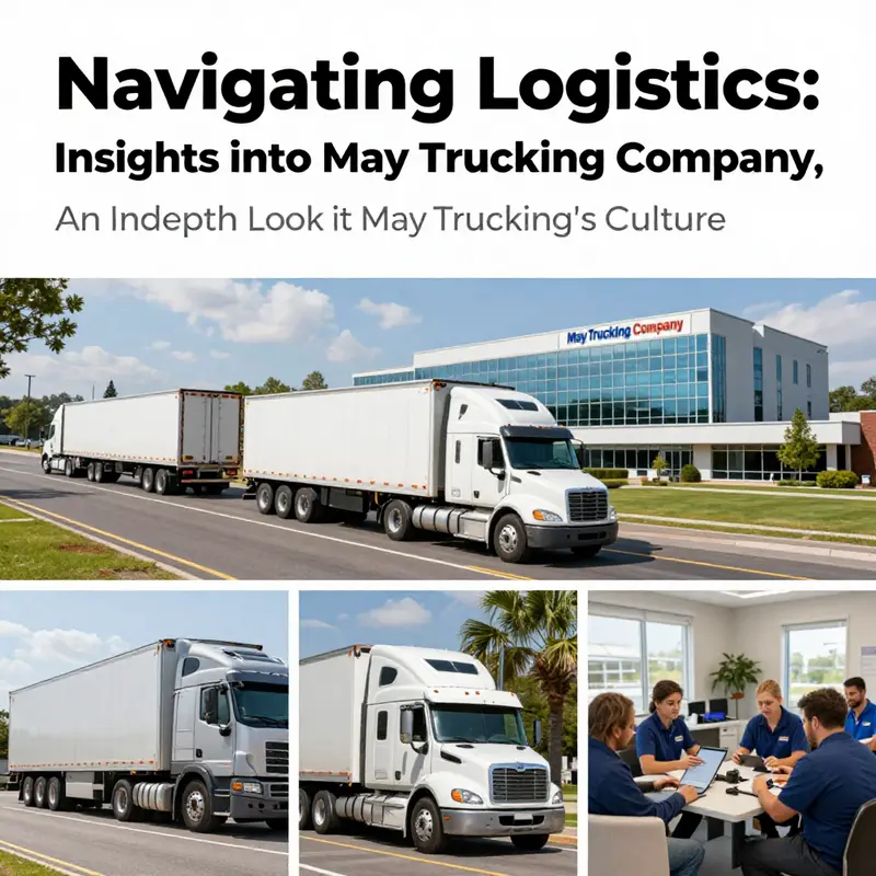 A collage depicting May Trucking Company's operations, headquarters, and employee interactions.