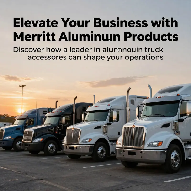 A fleet of trucks featuring high-quality Merritt aluminum accessories driving into a sunset.