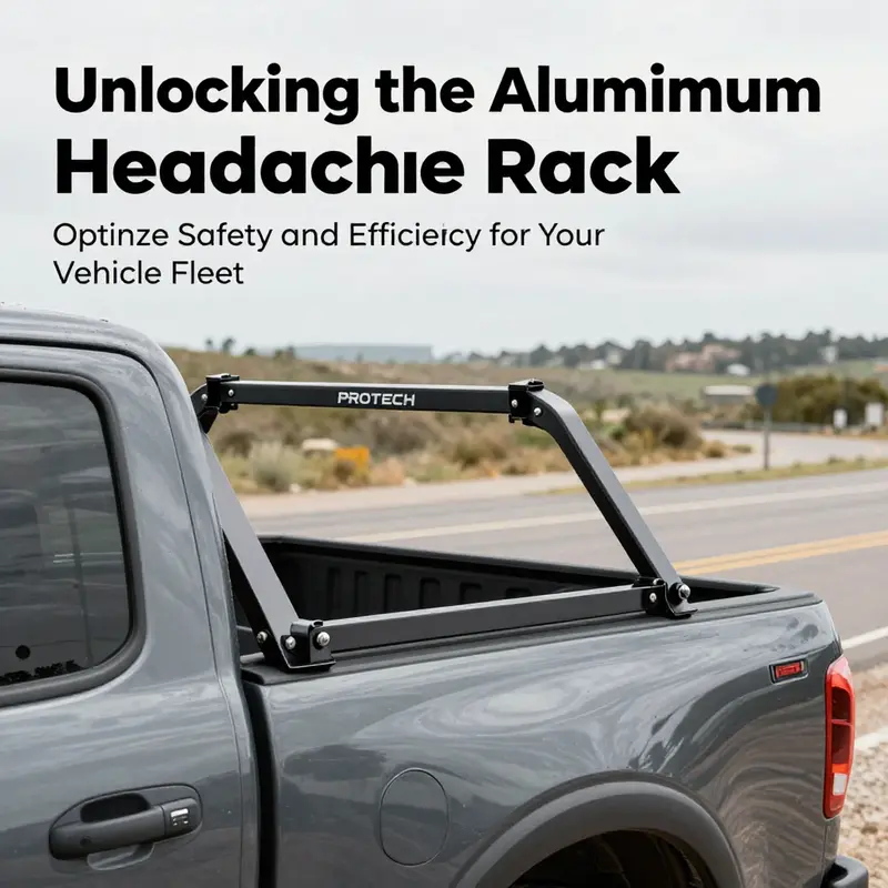 A PROTECH Aluminum Headache Rack installed on a pickup truck on an open road, demonstrating its functionality.