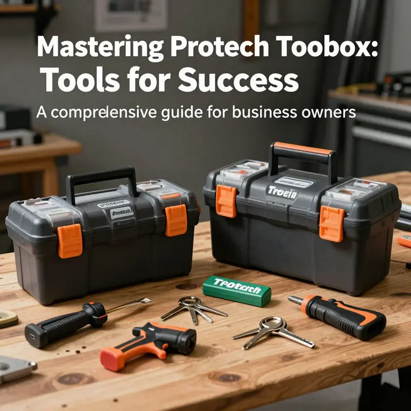 A beautifully arranged collection of Protech Toolbox products, including portable toolboxes and key substitution parts, positioned on a workbench.