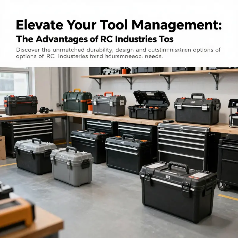Wide view of assorted RC Industries tool boxes in a professional workshop setting, highlighting their utility and design.