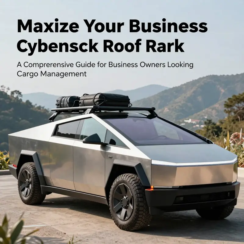 The Tesla Cybertruck parked in nature with a roof rack full of outdoor gear, emphasizing the vehicle's versatility.