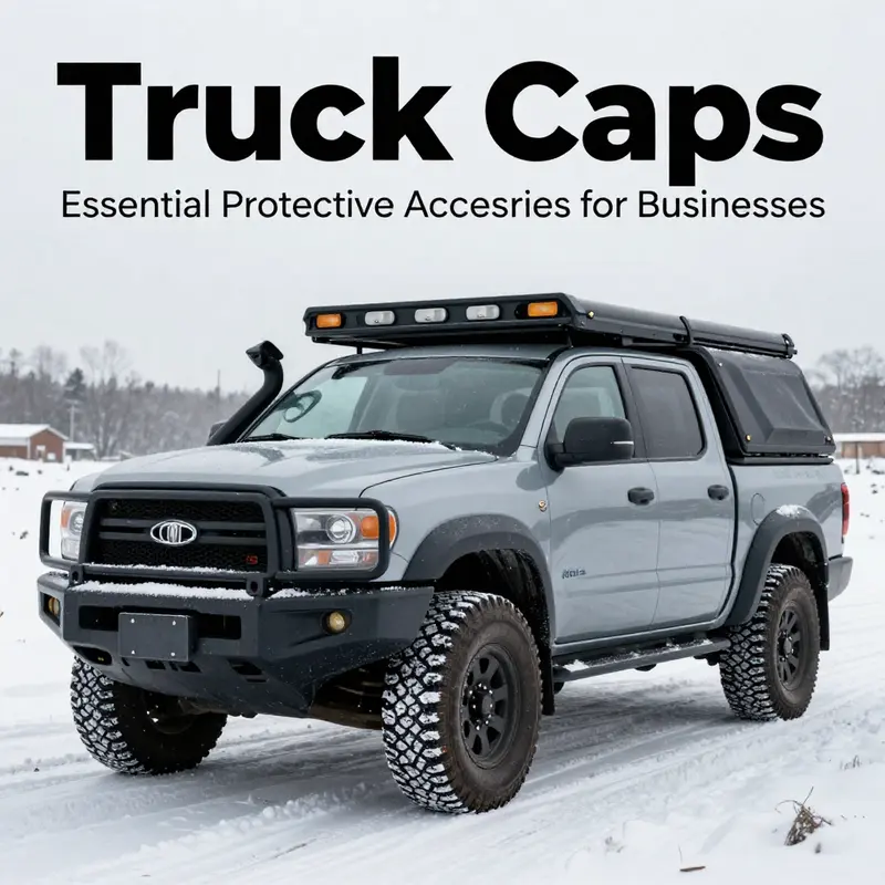 A robust pickup truck with a truck cap illustrates its function as a protective accessory against harsh weather.