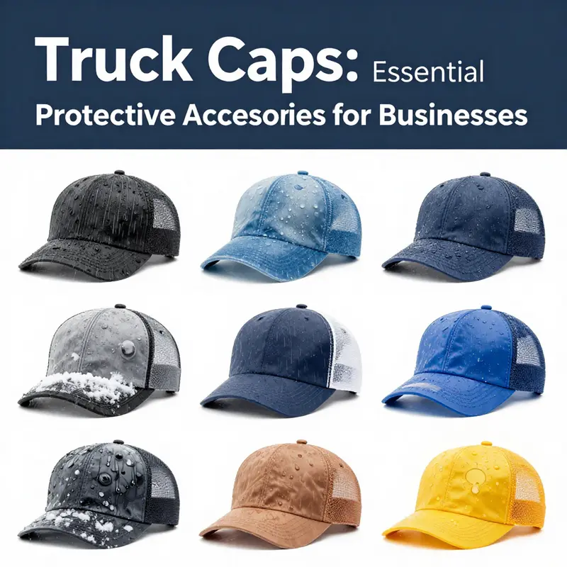 A robust pickup truck with a truck cap illustrates its function as a protective accessory against harsh weather.