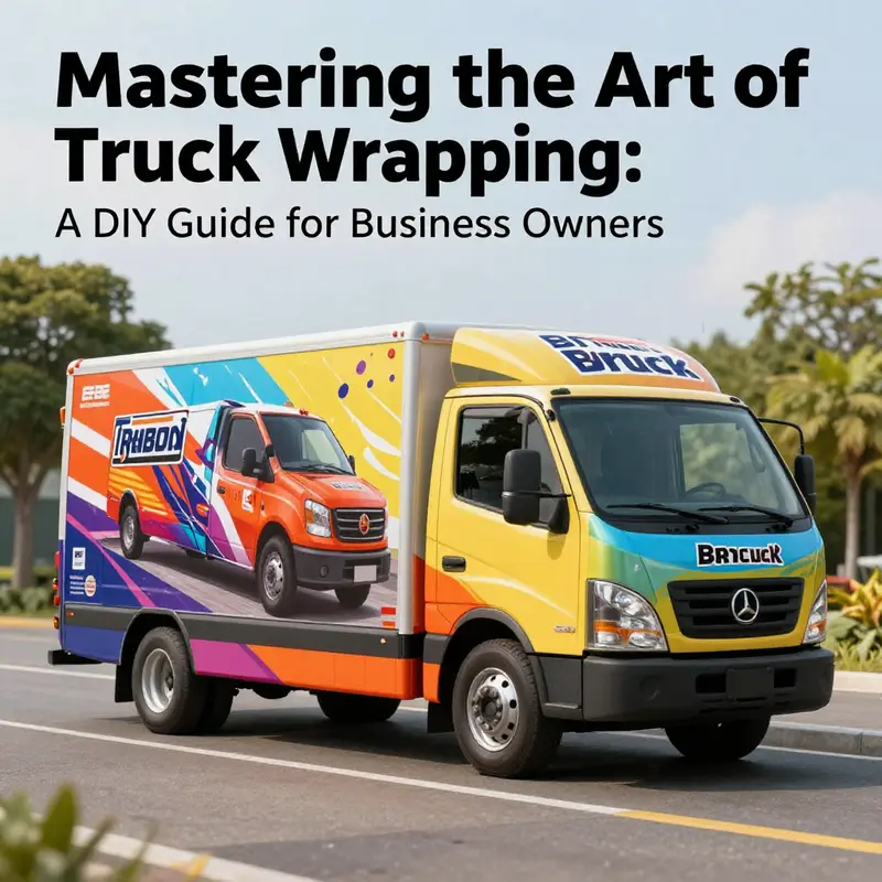 An outdoor view of a brightly wrapped cardboard truck model with artistic designs and patterns.