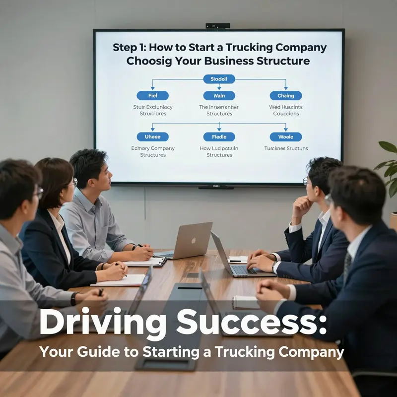 Business professionals discussing various structures for launching a trucking company.