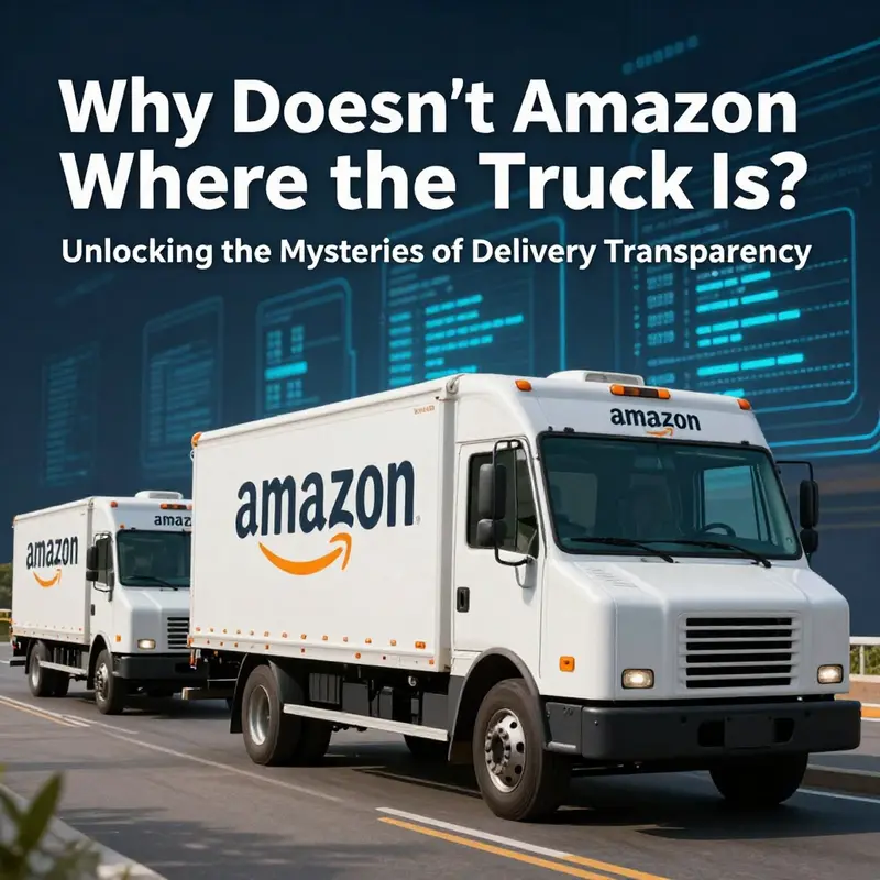 An engaging image showing Amazon delivery trucks alongside digital logistics elements, representing the complexity of delivery tracking.