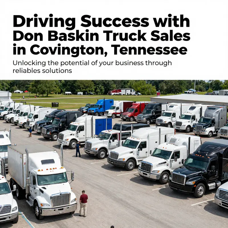 A panoramic view of the busy Don Baskin Truck Sales lot with various trucks on display and interested buyers.