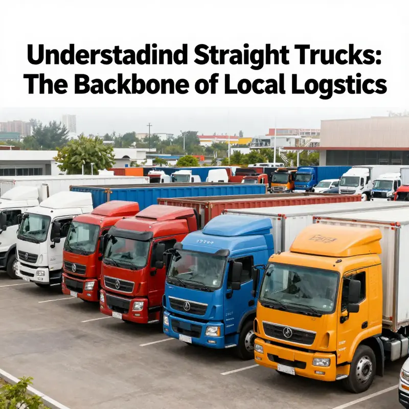 A variety of straight trucks parked in a busy urban setting, showcasing different sizes and models.