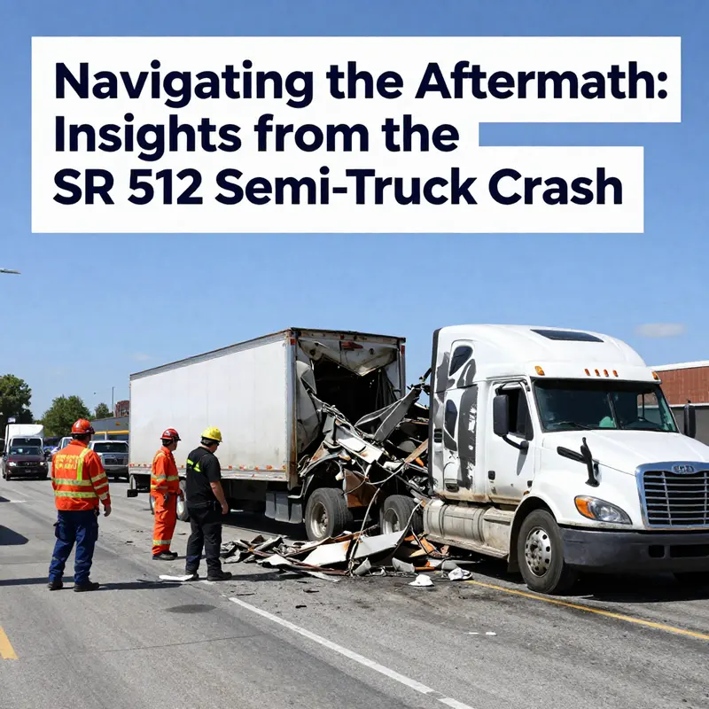 A scene depicting the crash site of the semi-truck on SR 512, with emergency responders and traffic delays.