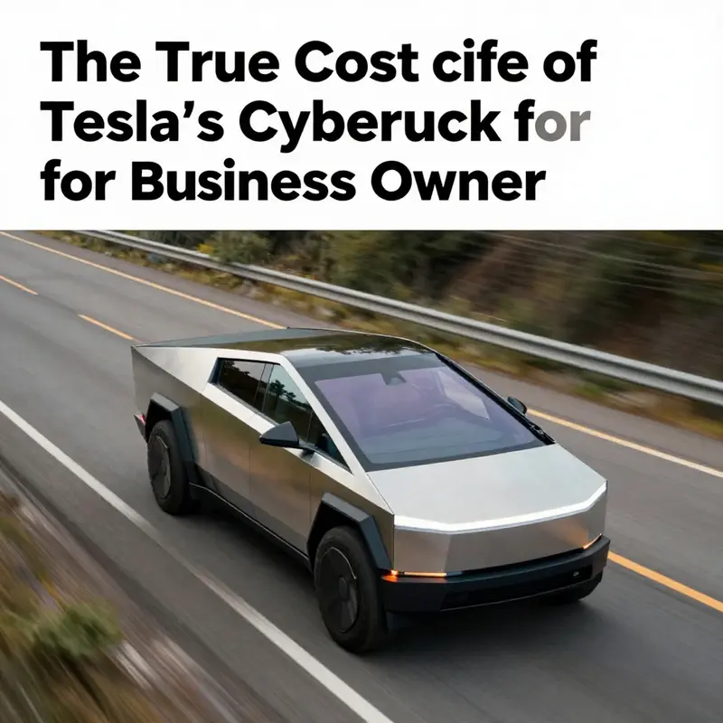 Aerial view of a Tesla Cybertruck driving on a highway, showcasing its design and modernity.