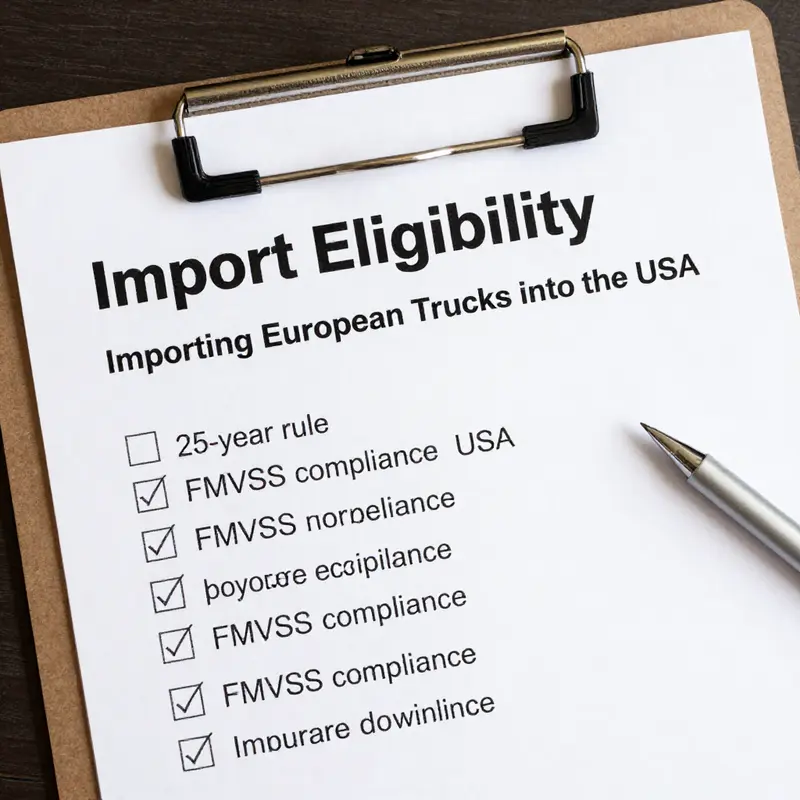 A European truck ready for inspection at a U.S. border checkpoint highlighting safety and emissions labels.