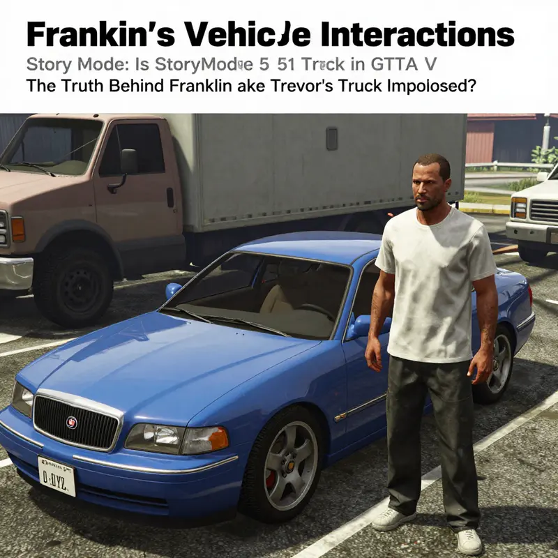 Franklin with his blue sedan and Trevor’s truck in the background, illustrating their separate vehicle choices.