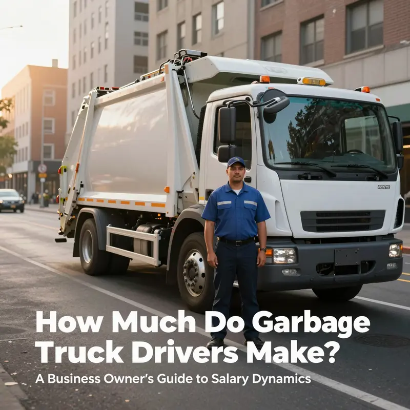 Garbage truck driver in uniform standing next to a modern garbage truck on a city street during sunrise, representing the profession and wage context.