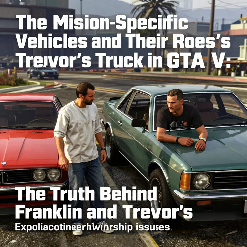 Franklin with his blue sedan and Trevor’s truck in the background, illustrating their separate vehicle choices.