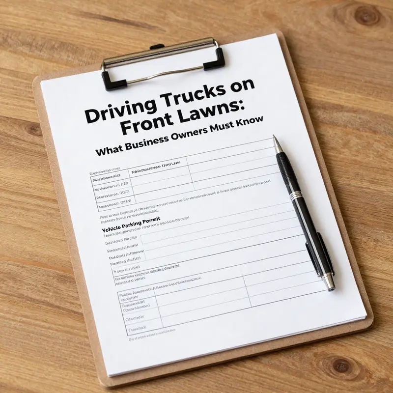 A truck parked on a front lawn, highlighting potential legal issues.