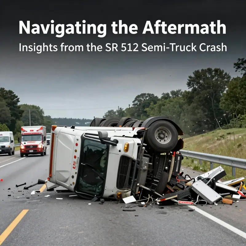 The overturned semi-truck on SR 512, highlighting the critical moment of the crash.